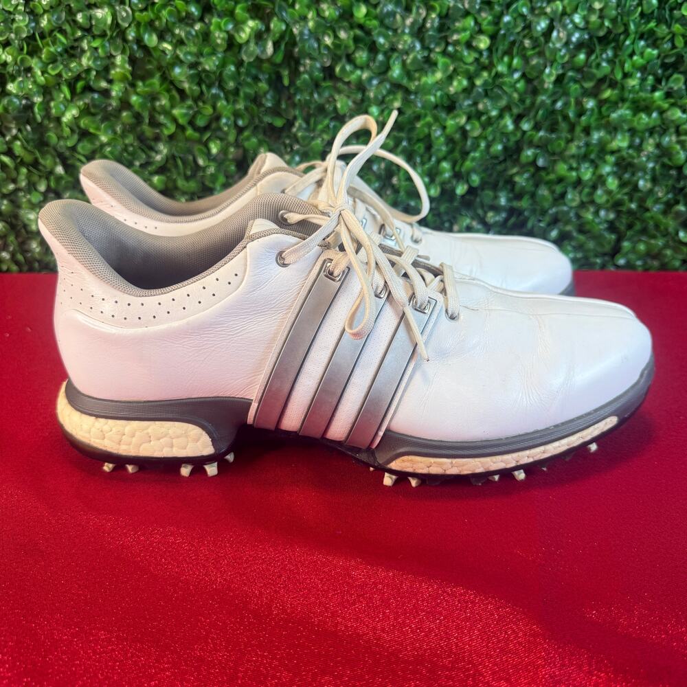 Adidas Mens Tour 360 Golf Shoes Size 9 White Silver Metallic Spiked Cleats